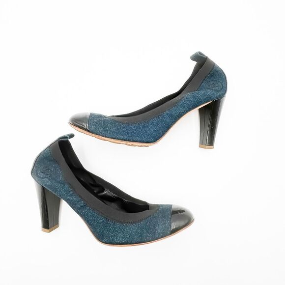 Chanel Elastic CC Logo Blue Denim Pumps High Heels Size 39 US 8-8.5 - Picture 7 of 11